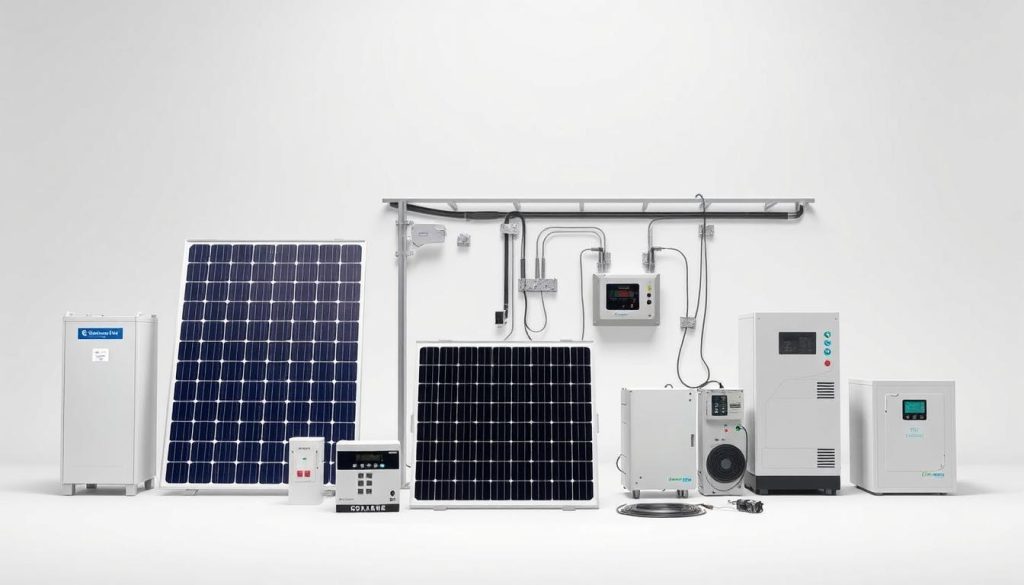 A detailed and technically accurate image of the essential components of a photovoltaic system, as specified by the UTE C15-712-1 standard. Showcased in a clean, minimalist composition with soft, directional lighting to highlight the intricate details. The foreground features the key system components such as solar panels, inverters, and charge controllers, arranged in a visually appealing layout. The middle ground includes mounting structures, cables, and other ancillary elements. The background portrays a neutral, uncluttered environment to focus attention on the core technical aspects. The overall mood is one of precision, functionality, and technical expertise, suitable for illustrating the section on "The essential components of a photovoltaic system according to UTE C15-712-1".