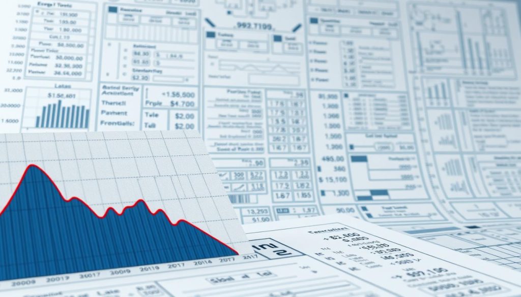 A detailed technical diagram depicting the financial aspects of an energy bill or contract. In the foreground, a meticulously rendered graph or chart showcasing energy consumption data, costs, and payment details. In the middle ground, an array of numerical calculations, formulas, and technical specifications related to the contract terms. In the background, a muted, technical blueprint-style environment with grid lines and engineering schematics, conveying a sense of precision and technical expertise. The lighting should be clean, evenly distributed, and slightly muted to emphasize the informational nature of the image. The overall mood should be one of professionalism, clarity, and attention to detail, reflecting the "Aspects Techniques et Financiers du Contrat Card" section of the article.