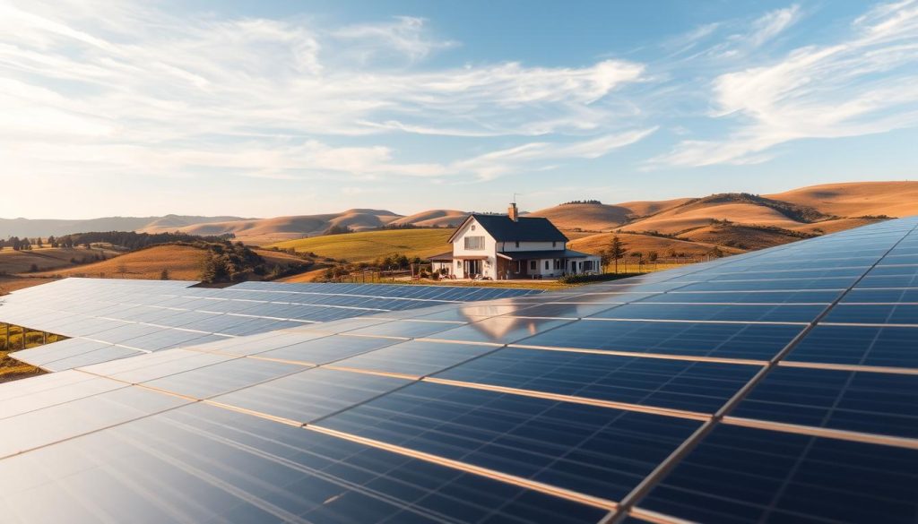 A modern solar energy system in an idyllic countryside setting. In the foreground, a sleek, futuristic solar panel array covers a gently sloping hillside, its smooth, reflective surfaces catching the warm glow of the sun. The middle ground features a combination of traditional and cutting-edge technologies, with a classic farmhouse surrounded by a network of solar inverters, batteries, and other essential components. In the background, a serene landscape unfolds, with rolling hills, lush vegetation, and a clear, azure sky dotted with wispy clouds. The overall scene conveys a harmonious blend of renewable energy integration and the natural environment, showcasing the latest advancements in solar system design and technology.