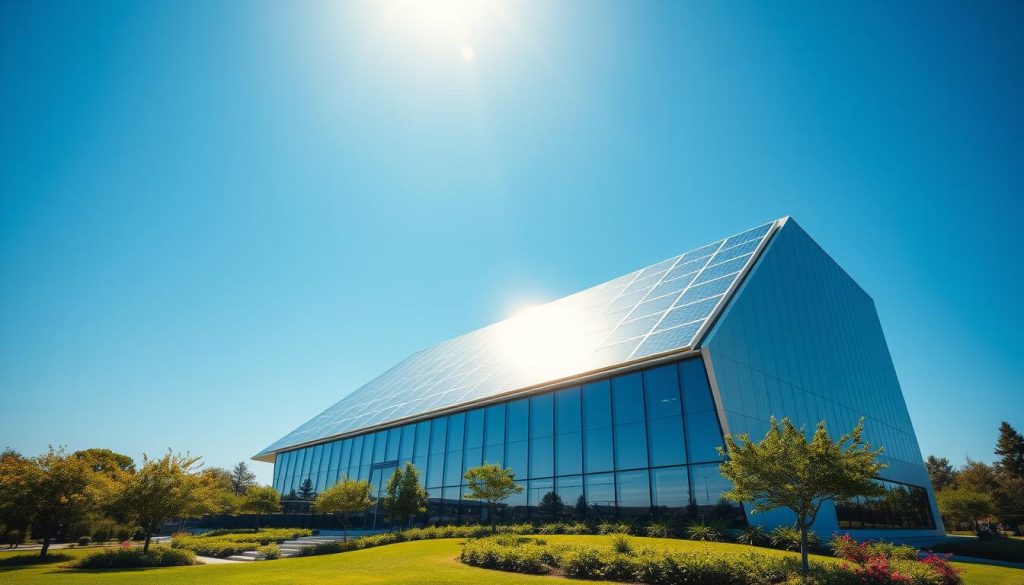 A modern solar-powered building set against a clear blue sky, with the sun's rays streaming down upon it. The building's facade is adorned with sleek, efficient solar panels that glimmer in the sunlight, harnessing the power of renewable energy. The landscape around the building is lush and verdant, with well-manicured gardens and trees swaying gently in a light breeze. The overall scene conveys a sense of sustainability, environmental harmony, and the benefits of solarization for both the structure and its surrounding environment. The image is captured with a wide-angle lens to showcase the building's scale and integration with its natural setting, creating a balanced and visually appealing composition.