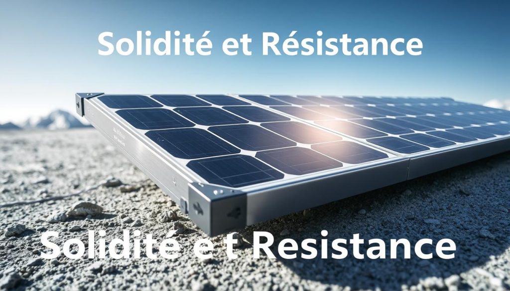 A rugged and durable photovoltaic module, showcasing its solid construction and resistance to wear and tear. The module's frame is made of sturdy aluminum, with reinforced corners and edges to withstand high winds, heavy snow loads, and other environmental stresses. The tempered glass surface reflects the sunlight, conveying a sense of resilience and reliability. In the background, a stark, minimalist landscape emphasizes the module's robustness, while the lighting accentuates its clean, modern lines. The overall impression is one of unwavering strength and dependability, perfectly suited for the "Solidité et Résistance" section of the article.