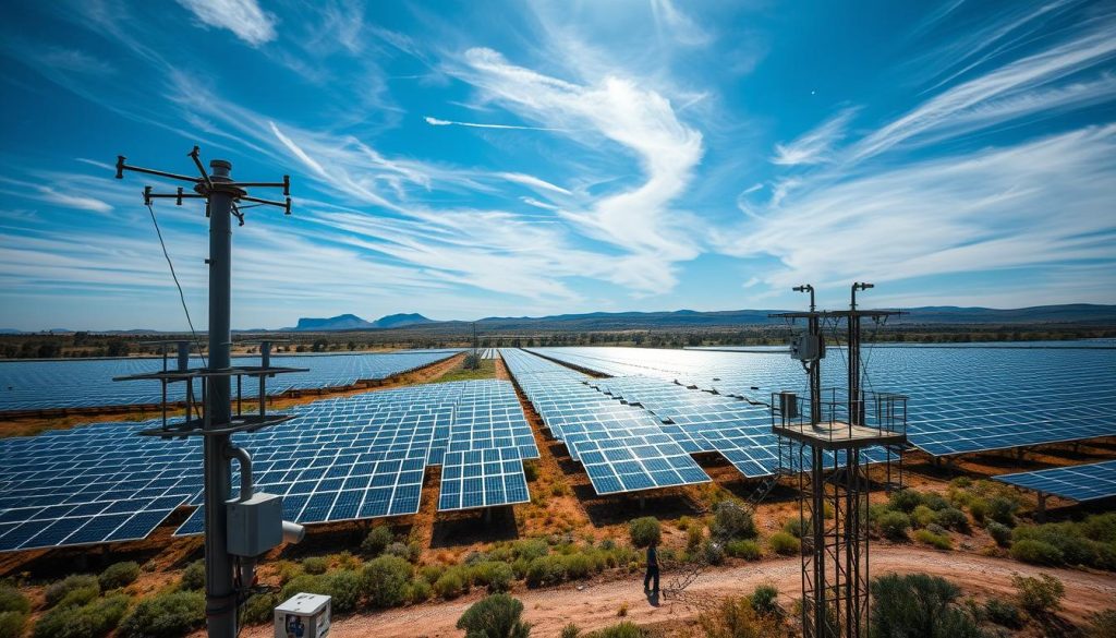 A sprawling solar farm nestled in a picturesque landscape, with rows of shimmering photovoltaic panels capturing the sun's energy. In the foreground, various safety installations stand vigilant - lightning rods, grounding systems, and circuit breakers, all meticulously engineered to protect the delicate electronics from the elements. The middle ground features maintenance walkways and access points, allowing technicians to monitor and maintain the system. In the background, a clear blue sky with wispy clouds creates a serene, tranquil atmosphere, emphasizing the clean, renewable nature of the power source. Dramatic, high-contrast lighting casts dramatic shadows, underscoring the importance of these protective measures in ensuring the safe and reliable operation of the photovoltaic installation.