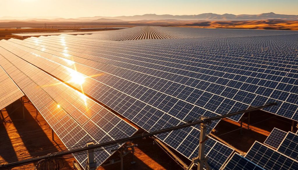 A sprawling solar farm, row upon row of high-efficiency photovoltaic panels stretching across a vast, sun-drenched landscape. Towering steel frames support the gleaming panels, their surfaces angled to capture the sun's energy with maximum efficiency. In the foreground, a network of cables and electrical equipment connects the panels, transforming sunlight into clean, renewable power. The scene is bathed in warm, golden light, creating a sense of tranquility and environmental harmony. Dramatic shadows cast by the panels add depth and visual interest, while the distant horizon is dotted with rolling hills, creating a serene and picturesque backdrop. This is a sophisticated, large-scale solar installation, a testament to the technical expertise and experience required to design and implement high-power photovoltaic systems. A sprawling solar farm, row upon row of high-efficiency photovoltaic panels stretching across a vast, sun-drenched landscape. Towering steel frames support the gleaming panels, their surfaces angled to capture the sun's energy with maximum efficiency. In the foreground, a network of cables and electrical equipment connects the panels, transforming sunlight into clean, renewable power. The scene is bathed in warm, golden light, creating a sense of tranquility and environmental harmony. Dramatic shadows cast by the panels add depth and visual interest, while the distant horizon is dotted with rolling hills, creating a serene and picturesque backdrop. This is a sophisticated, large-scale solar installation, a testament to the technical expertise and experience required to design and implement high-power photovoltaic systems.