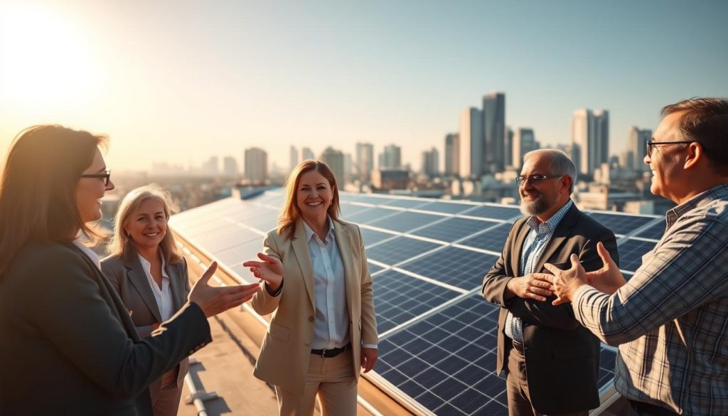 A sunlit commercial solar panel installation, with satisfied customers discussing their experience with the certified installer. In the foreground, a group of adults in business attire gesturing animatedly, their faces expressing positive emotions. The middle ground features the sleek, modern solar panels neatly installed on a commercial building roof, casting long shadows. The background showcases a bustling urban skyline, hinting at the scale and impact of the renewable energy project. The scene is captured with a wide-angle lens, emphasizing the collaborative, professional atmosphere. Warm, natural lighting illuminates the subjects, conveying a sense of trust and reliability in the certified installer's work. A sunlit commercial solar panel installation, with satisfied customers discussing their experience with the certified installer. In the foreground, a group of adults in business attire gesturing animatedly, their faces expressing positive emotions. The middle ground features the sleek, modern solar panels neatly installed on a commercial building roof, casting long shadows. The background showcases a bustling urban skyline, hinting at the scale and impact of the renewable energy project. The scene is captured with a wide-angle lens, emphasizing the collaborative, professional atmosphere. Warm, natural lighting illuminates the subjects, conveying a sense of trust and reliability in the certified installer's work.