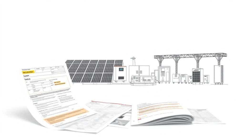 A technical drawing of common errors in a photovoltaic installation technical dossier, showcased against a clean, minimalist background. The foreground depicts various technical documents, schematics, and forms with highlighted mistakes and oversights. The middle ground features an array of photovoltaic panels, inverters, and mounting structures, hinting at the broader context. The background is a soft, neutral gradient, lending a professional, informative tone. The lighting is uniform and clear, accentuating the technical details. The composition is balanced, directing the viewer's attention to the key elements of the dossier errors.