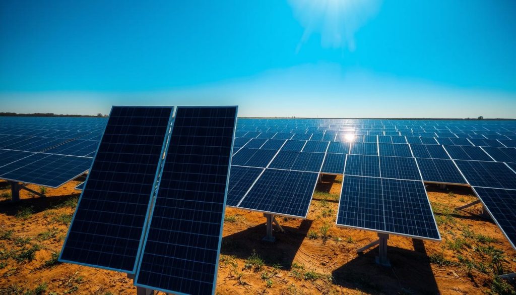 A vast solar field stretches out under a brilliant blue sky, with sleek, slim solar panels arranged in orderly rows. The panels have a distinctive thin-film design, their dark surfaces reflecting the sun's rays with an almost metallic sheen. In the foreground, a few panels stand slightly elevated, showcasing their low-profile, space-saving architecture. The scene conveys a sense of efficiency and technological innovation, perfectly capturing the advantages of thin-film solar technology over traditional bulky panels. Subtle shadows cast by the panels add depth and dimension to the composition, while the overall lighting creates a warm, inviting atmosphere. A vast solar field stretches out under a brilliant blue sky, with sleek, slim solar panels arranged in orderly rows. The panels have a distinctive thin-film design, their dark surfaces reflecting the sun's rays with an almost metallic sheen. In the foreground, a few panels stand slightly elevated, showcasing their low-profile, space-saving architecture. The scene conveys a sense of efficiency and technological innovation, perfectly capturing the advantages of thin-film solar technology over traditional bulky panels. Subtle shadows cast by the panels add depth and dimension to the composition, while the overall lighting creates a warm, inviting atmosphere.