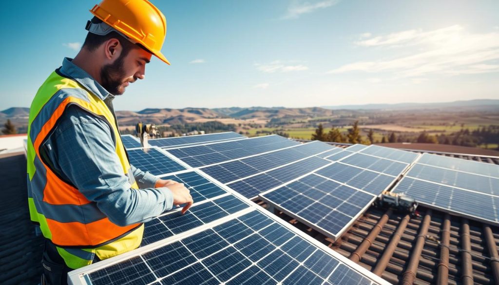 A well-lit, high-angle image of a solar photovoltaic installation undergoing thorough testing and evaluation. The foreground features a technician in a safety vest and hard hat carefully inspecting the solar panels, meters, and other equipment. The middle ground showcases the entire solar array, neatly arranged and properly installed on a rooftop. The background depicts a scenic landscape with rolling hills, a clear sky, and a sense of tranquility. The overall scene conveys a sense of diligence, professionalism, and attention to detail in ensuring the photovoltaic system is performing at its optimal capacity.