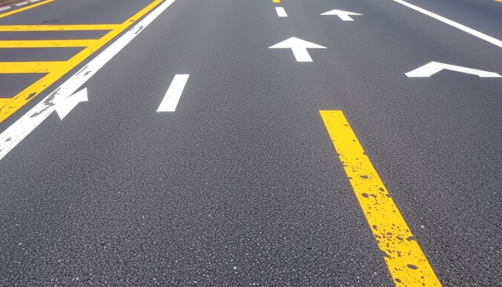 A well-lit, high-resolution photograph of various road markings on an asphalt surface, including lines, arrows, and symbols. The markings are clearly visible and rendered in a variety of colors such as white, yellow, and blue. The image captures the texture and details of the pavement, showcasing the different types of road markings used for traffic management and pedestrian safety. The lighting is natural, with a slight warm tone, creating a sense of realism and emphasizing the important details of the road surface and its markings. A well-lit, high-resolution photograph of various road markings on an asphalt surface, including lines, arrows, and symbols. The markings are clearly visible and rendered in a variety of colors such as white, yellow, and blue. The image captures the texture and details of the pavement, showcasing the different types of road markings used for traffic management and pedestrian safety. The lighting is natural, with a slight warm tone, creating a sense of realism and emphasizing the important details of the road surface and its markings.