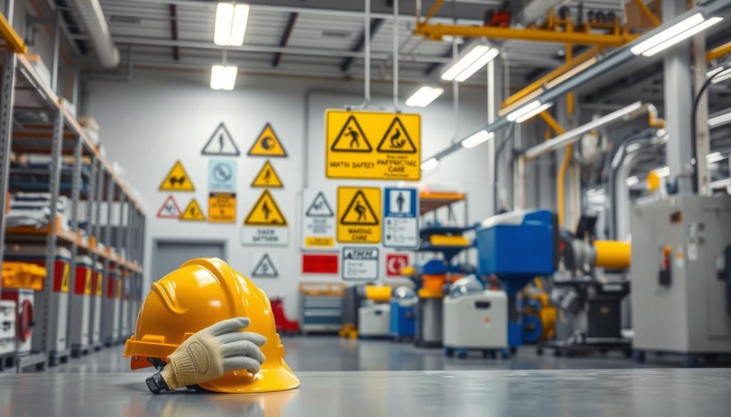 A well-lit industrial setting with a focus on safety equipment and signage. In the foreground, a prominently displayed safety helmet, gloves, and high-visibility vest. In the middle ground, various safety warning signs and placards mounted on the walls, depicting common safety hazards and instructions. The background showcases the clean, organized workspace with industrial shelving, equipment, and machinery, all adhering to a cohesive color palette of grays, blues, and yellows to convey a sense of professionalism and attention to detail. The lighting is bright and evenly distributed, creating a sense of clarity and emphasizing the importance of the safety-focused elements. The overall atmosphere is one of a well-maintained, safety-conscious work environment. A well-lit industrial setting with a focus on safety equipment and signage. In the foreground, a prominently displayed safety helmet, gloves, and high-visibility vest. In the middle ground, various safety warning signs and placards mounted on the walls, depicting common safety hazards and instructions. The background showcases the clean, organized workspace with industrial shelving, equipment, and machinery, all adhering to a cohesive color palette of grays, blues, and yellows to convey a sense of professionalism and attention to detail. The lighting is bright and evenly distributed, creating a sense of clarity and emphasizing the importance of the safety-focused elements. The overall atmosphere is one of a well-maintained, safety-conscious work environment.