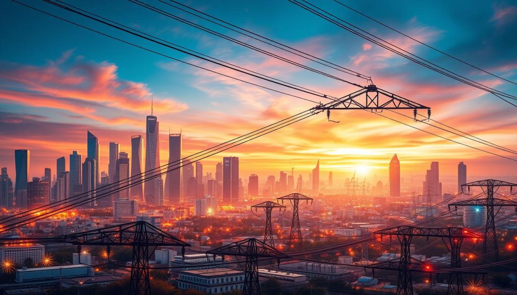 A bustling cityscape, with towering skyscrapers and thriving industrial complexes, set against a backdrop of a vibrant, futuristic skyline. In the foreground, a network of intricate power lines and transformers, pulsing with energy, symbolizing the growing demand for electricity. The scene is illuminated by a warm, golden glow, capturing the sense of progress and technological advancement. The composition emphasizes the scale and complexity of the electrical infrastructure, hinting at the challenges of meeting the ever-increasing power needs of the modern world. The image conveys a sense of both optimism and the need for careful planning to ensure a sustainable and reliable energy future.