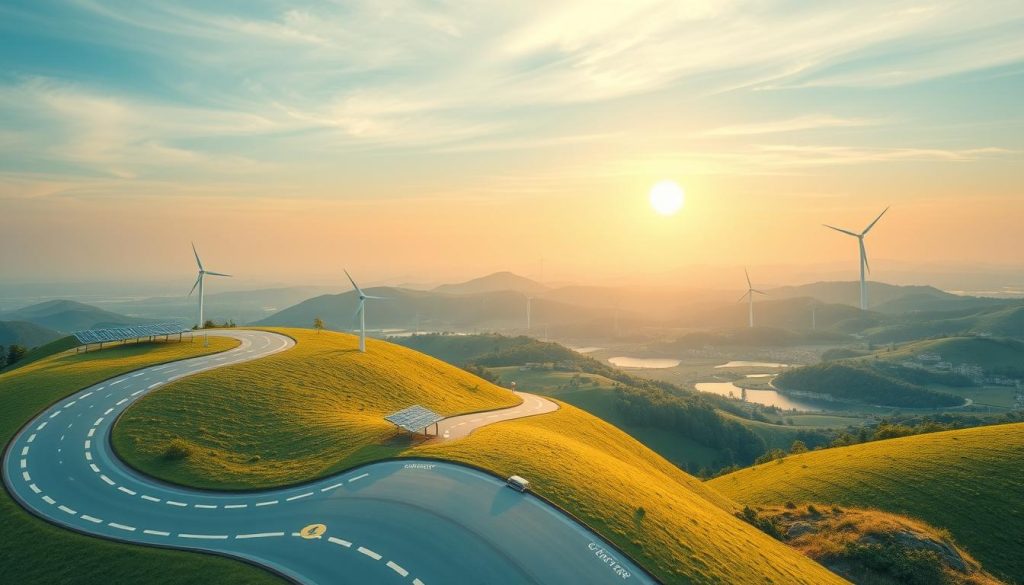 A detailed roadmap depicting the journey towards renewable energy transition. In the foreground, a winding path representing the various stages and milestones, with icons and symbols denoting key elements such as solar panels, wind turbines, and energy storage solutions. The middle ground features a vibrant landscape of rolling hills, forests, and bodies of water, illustrating the diverse renewable energy sources. In the background, a soft, atmospheric sky with a warm, golden glow, conveying a sense of optimism and progress. The image is rendered with a crisp, detailed style, using a wide-angle lens to capture the expansive scope of the roadmap. The overall mood is one of forward momentum, innovation, and a clear, strategic vision for a sustainable energy future.