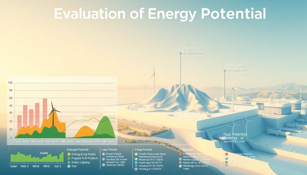 A detailed schematic illustration depicting the "Evaluation of Energy Potentials" process. In the foreground, a series of graphs and charts showcase various renewable energy sources like solar, wind, and hydroelectric power, with their corresponding energy potential values. In the middle ground, a 3D topographical map highlights geographical regions with high energy potential, annotated with detailed metrics. The background features a clean, minimalist industrial landscape with wind turbines, solar panels, and hydroelectric dams, all bathed in a soft, warm lighting that conveys a sense of renewable energy potential. The overall composition is sleek, technical, and visually informative, emphasizing the analytical and evaluative aspects of this crucial step in renewable energy system design.