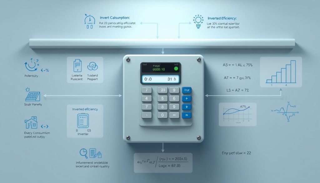 A detailed technical diagram illustrating the process of calculating the necessary power for a photovoltaic inverter installation. Prominently featured in the center is a calculator displaying various input parameters such as energy consumption, solar panel output, and inverter efficiency. Surrounding the calculator are clean infographic elements visualizing the calculation steps, including icons, graphs, and annotated formulas. The overall layout is minimalist and data-focused, with a cool, technical color palette of blues and grays to convey a sense of precision and professionalism. The scene is illuminated by a soft, directional light source, casting subtle shadows and highlighting the key details. The composition is balanced and organized, guiding the viewer's eye through the workflow of determining the appropriate inverter power requirement. A detailed technical diagram illustrating the process of calculating the necessary power for a photovoltaic inverter installation. Prominently featured in the center is a calculator displaying various input parameters such as energy consumption, solar panel output, and inverter efficiency. Surrounding the calculator are clean infographic elements visualizing the calculation steps, including icons, graphs, and annotated formulas. The overall layout is minimalist and data-focused, with a cool, technical color palette of blues and grays to convey a sense of precision and professionalism. The scene is illuminated by a soft, directional light source, casting subtle shadows and highlighting the key details. The composition is balanced and organized, guiding the viewer's eye through the workflow of determining the appropriate inverter power requirement.