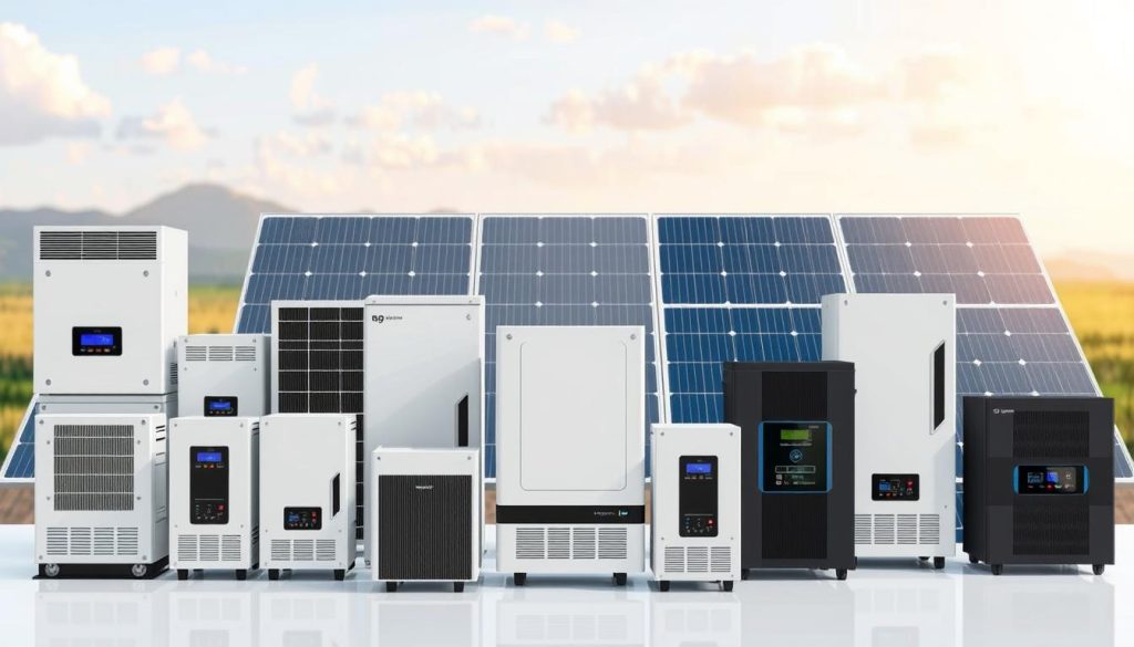 A detailed, technical illustration of various types of solar inverters, showcasing their diverse designs and functionalities. In the foreground, a clean, well-lit arrangement of different inverter models, ranging from small residential units to larger commercial-scale devices. In the middle ground, a subtle grid-like pattern representing the electrical connections and energy flow between the inverters and solar panels. The background features a softly blurred, minimalist landscape, emphasizing the clean, renewable energy theme. The overall composition should convey a sense of efficiency, versatility, and the importance of selecting the right inverter type to meet specific energy needs. A detailed, technical illustration of various types of solar inverters, showcasing their diverse designs and functionalities. In the foreground, a clean, well-lit arrangement of different inverter models, ranging from small residential units to larger commercial-scale devices. In the middle ground, a subtle grid-like pattern representing the electrical connections and energy flow between the inverters and solar panels. The background features a softly blurred, minimalist landscape, emphasizing the clean, renewable energy theme. The overall composition should convey a sense of efficiency, versatility, and the importance of selecting the right inverter type to meet specific energy needs.