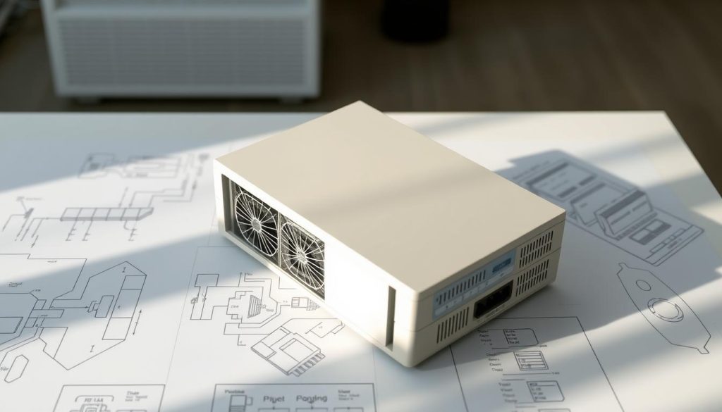A high-angle view of a modern string inverter for a solar power system. The inverter is placed on a clean, minimalist table, surrounded by technical diagrams and schematics. Soft, indirect lighting from above casts subtle shadows, highlighting the sleek, angular design of the device. The background is blurred, keeping the focus on the inverter's compact, efficient form and the intricate connections between its components. The image conveys a sense of precision, technological advancement, and the careful consideration required when selecting the right string inverter for a solar installation. A high-angle view of a modern string inverter for a solar power system. The inverter is placed on a clean, minimalist table, surrounded by technical diagrams and schematics. Soft, indirect lighting from above casts subtle shadows, highlighting the sleek, angular design of the device. The background is blurred, keeping the focus on the inverter's compact, efficient form and the intricate connections between its components. The image conveys a sense of precision, technological advancement, and the careful consideration required when selecting the right string inverter for a solar installation.
