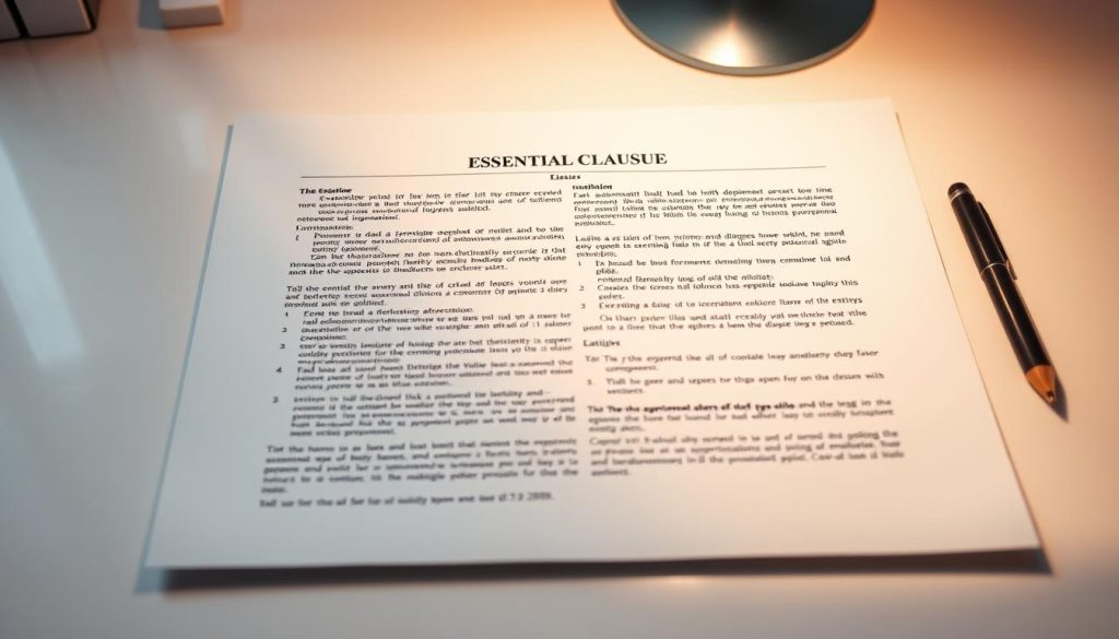 A high-quality, legal document with essential clauses laid out in an organized, professional manner. The document should be presented on a clean, minimalist desktop surface, with a warm, natural lighting illuminating the scene. The pages should have a slight texture, conveying the tactile quality of quality paper. The overall mood should be one of authority, clarity, and attention to detail - reflecting the importance of the legal statutes being represented.