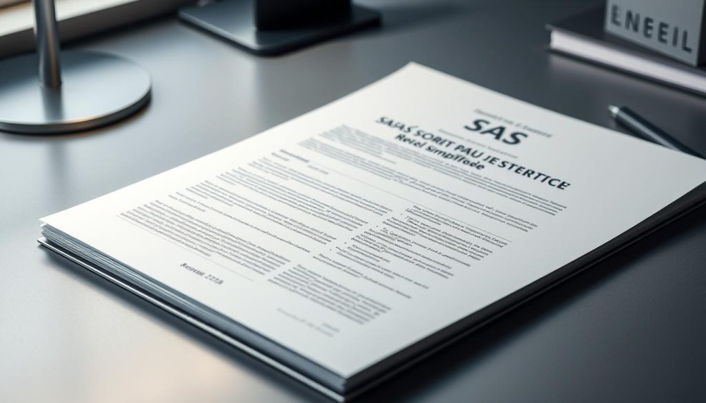 A professional, well-designed model document for a French Société par Actions Simplifiée (SAS), featuring clean typography, crisp illustrations, and a formal, authoritative layout. The document is displayed on a sleek, minimalist desk setup, with subtle lighting emphasizing the high-quality paper and binding. The overall mood is one of efficiency, legality, and professionalism, conveying the advantages of using a standardized SAS statute template for a new business venture.