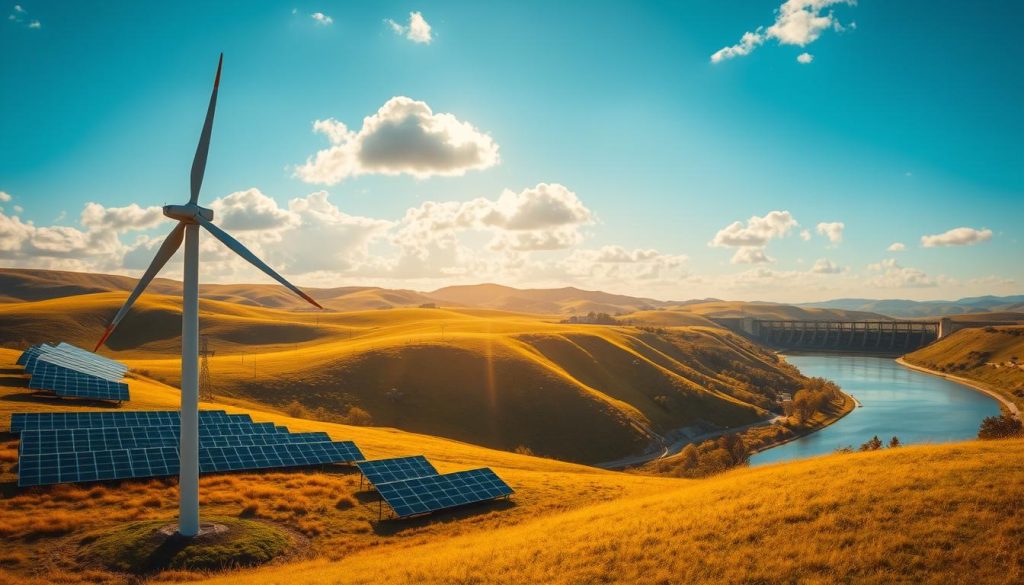 A serene, pastoral landscape bathed in warm, golden sunlight. In the foreground, a wind turbine stands tall, its blades gracefully sweeping through the air, harnessing the power of the elements. Beyond, rolling hills are dotted with solar panels, their reflective surfaces capturing the sun's energy. In the distance, a hydroelectric dam stretches across a winding river, its turbines churning steadily. The sky is a vibrant azure, with fluffy, cumulus clouds drifting overhead, symbolizing the renewable and sustainable nature of these energy sources. The overall atmosphere is one of progress, harmony, and a commitment to a greener future. A serene, pastoral landscape bathed in warm, golden sunlight. In the foreground, a wind turbine stands tall, its blades gracefully sweeping through the air, harnessing the power of the elements. Beyond, rolling hills are dotted with solar panels, their reflective surfaces capturing the sun's energy. In the distance, a hydroelectric dam stretches across a winding river, its turbines churning steadily. The sky is a vibrant azure, with fluffy, cumulus clouds drifting overhead, symbolizing the renewable and sustainable nature of these energy sources. The overall atmosphere is one of progress, harmony, and a commitment to a greener future.