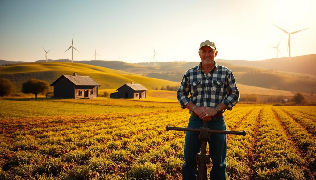 A sun-drenched agricultural landscape, with a picturesque farmhouse in the middle ground. In the foreground, a farmer stands proudly, hands resting on a well-worn plow. The background features rolling hills dotted with lush, verdant fields and the silhouettes of wind turbines in the distance, symbolizing the integration of renewable energy. The lighting is warm and golden, casting a soft glow over the scene. The composition is balanced, with the farmhouse and the farmer serving as the focal points. The overall atmosphere conveys a sense of tranquility, prosperity, and the harmonious coexistence of traditional farming and modern, sustainable energy solutions.