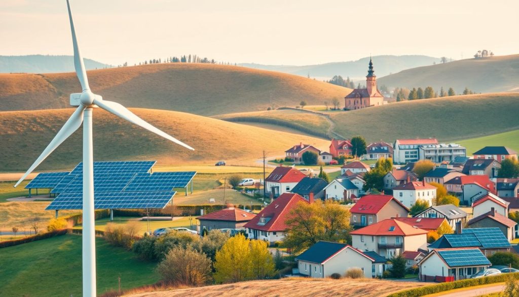 A vibrant, dynamic landscape depicting the integration of renewable energy solutions within local communities. In the foreground, a modern wind turbine stands tall, its graceful blades cutting through the air. Behind it, a solar array stretches across gently rolling hills, harnessing the sun's abundant energy. In the middle ground, a mix of residential and commercial buildings showcase the diverse applications of renewable technologies, from rooftop solar panels to geothermal heating systems. In the distance, a town hall or municipal building serves as a symbol of the local government's commitment to sustainability. The scene is bathed in warm, golden light, creating a sense of optimism and progress towards a greener future for these local collectivités territoriales. A vibrant, dynamic landscape depicting the integration of renewable energy solutions within local communities. In the foreground, a modern wind turbine stands tall, its graceful blades cutting through the air. Behind it, a solar array stretches across gently rolling hills, harnessing the sun's abundant energy. In the middle ground, a mix of residential and commercial buildings showcase the diverse applications of renewable technologies, from rooftop solar panels to geothermal heating systems. In the distance, a town hall or municipal building serves as a symbol of the local government's commitment to sustainability. The scene is bathed in warm, golden light, creating a sense of optimism and progress towards a greener future for these local collectivités territoriales.