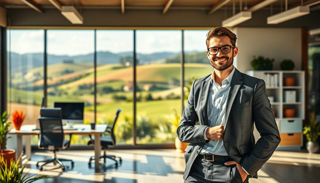 A vibrant scene of a micro-enterprise regime, captured in a crisp, high-resolution image. In the foreground, a thriving small business owner, dressed in a smart, professional attire, stands beside a neatly organized workspace, showcasing their entrepreneurial spirit. The middle ground features a well-designed, modern office space, complete with ergonomic furniture and a sleek computer setup, highlighting the efficient and organized nature of the micro-enterprise. The background depicts a serene, countryside landscape, with rolling hills and lush greenery, creating a sense of tranquility and balance, reflecting the sustainable and eco-friendly aspects of the micro-enterprise regime. The lighting is warm and natural, casting a soft glow over the entire scene, evoking a sense of professionalism and prosperity.