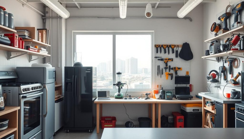 A well-lit, modern workshop interior with an assortment of electrical appliances neatly arranged on shelves and countertops. In the foreground, a sleek electric range, a state-of-the-art refrigerator, and a high-powered blender sit atop a clean, minimalist workbench. In the middle ground, a collection of power tools, including a cordless drill, a circular saw, and a multimeter, are organized on a pegboard. The background features a large window overlooking a sun-drenched urban landscape, creating a bright, airy atmosphere. The overall scene conveys a sense of efficiency, technology, and the essential role of electrical devices in modern life.