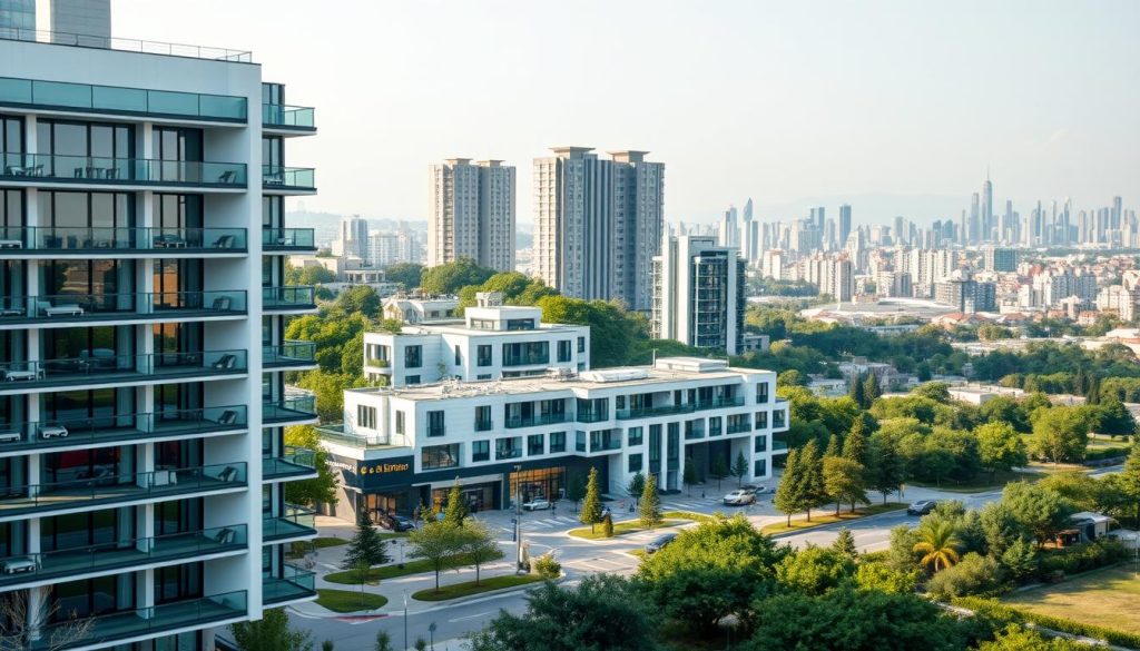 An expansive modern residential and commercial complex nestled in a picturesque urban landscape. The foreground showcases a sleek, minimalist apartment building with clean lines and large windows that seamlessly blend indoor and outdoor spaces. In the middle ground, a mixed-use commercial development features stylish storefronts and office spaces. The background is filled with lush greenery, towering skyscrapers, and a vibrant city skyline, conveying a sense of adaptability and integration between residential and commercial elements. Soft, diffused lighting bathes the scene, creating a warm, inviting atmosphere. Captured from a slightly elevated perspective with a wide-angle lens to emphasize the harmonious coexistence of residential and commercial zones. An expansive modern residential and commercial complex nestled in a picturesque urban landscape. The foreground showcases a sleek, minimalist apartment building with clean lines and large windows that seamlessly blend indoor and outdoor spaces. In the middle ground, a mixed-use commercial development features stylish storefronts and office spaces. The background is filled with lush greenery, towering skyscrapers, and a vibrant city skyline, conveying a sense of adaptability and integration between residential and commercial elements. Soft, diffused lighting bathes the scene, creating a warm, inviting atmosphere. Captured from a slightly elevated perspective with a wide-angle lens to emphasize the harmonious coexistence of residential and commercial zones.
