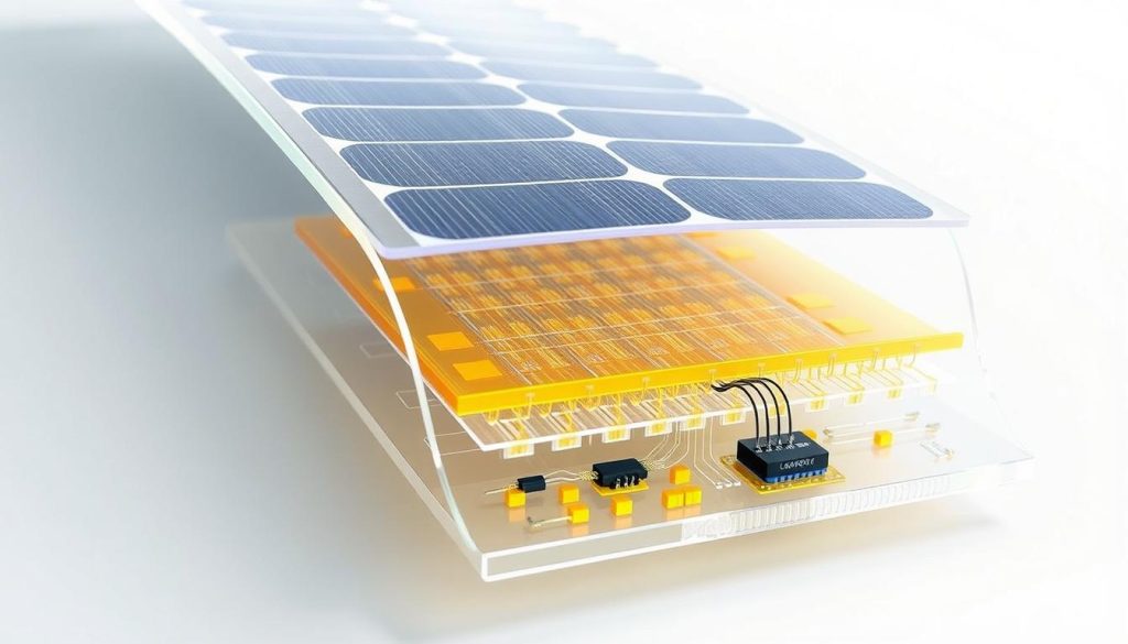 A detailed cross-section view of an organic solar panel, showcasing its intricate inner workings. The panel's surface is composed of a transparent, flexible polymer material, allowing it to bend and conform to various surfaces. Beneath, a network of organic photovoltaic cells, sensitized with dye molecules, absorbs sunlight and converts it into electrical energy. The cells are supported by a sturdy, yet lightweight substrate, designed to maximize efficiency and durability. Delicate interconnections between the cells, as well as the panel's power management electronics, are visible, illustrating the sophisticated engineering behind this innovative renewable energy technology. The image is rendered with a crisp, technical aesthetic, emphasizing the panel's complex, yet elegant functionality.