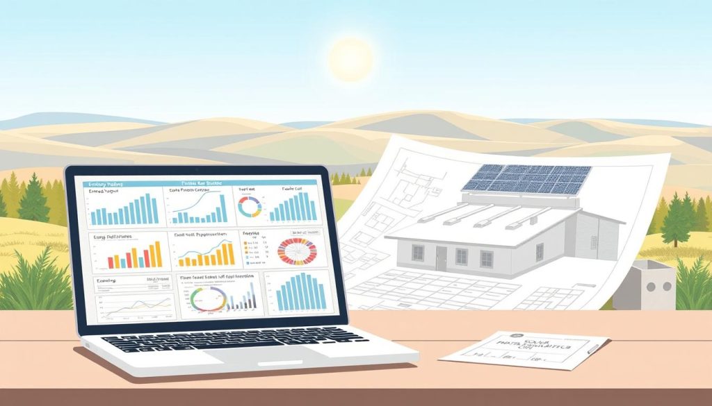 A detailed technical illustration of a solar photovoltaic feasibility study. In the foreground, a laptop displays charts and diagrams analyzing energy output, cost projections, and system specifications. In the middle ground, an architect's blueprint unfolds, revealing the proposed layout of solar panels on a building's roof. In the background, a sun-dappled landscape with rolling hills and a clear blue sky, symbolizing the renewable energy potential. The scene is rendered with a clean, technical aesthetic using a neutral color palette, crisp lines, and precise attention to detail, conveying the professional, analytical nature of the feasibility study process. A detailed technical illustration of a solar photovoltaic feasibility study. In the foreground, a laptop displays charts and diagrams analyzing energy output, cost projections, and system specifications. In the middle ground, an architect's blueprint unfolds, revealing the proposed layout of solar panels on a building's roof. In the background, a sun-dappled landscape with rolling hills and a clear blue sky, symbolizing the renewable energy potential. The scene is rendered with a clean, technical aesthetic using a neutral color palette, crisp lines, and precise attention to detail, conveying the professional, analytical nature of the feasibility study process.