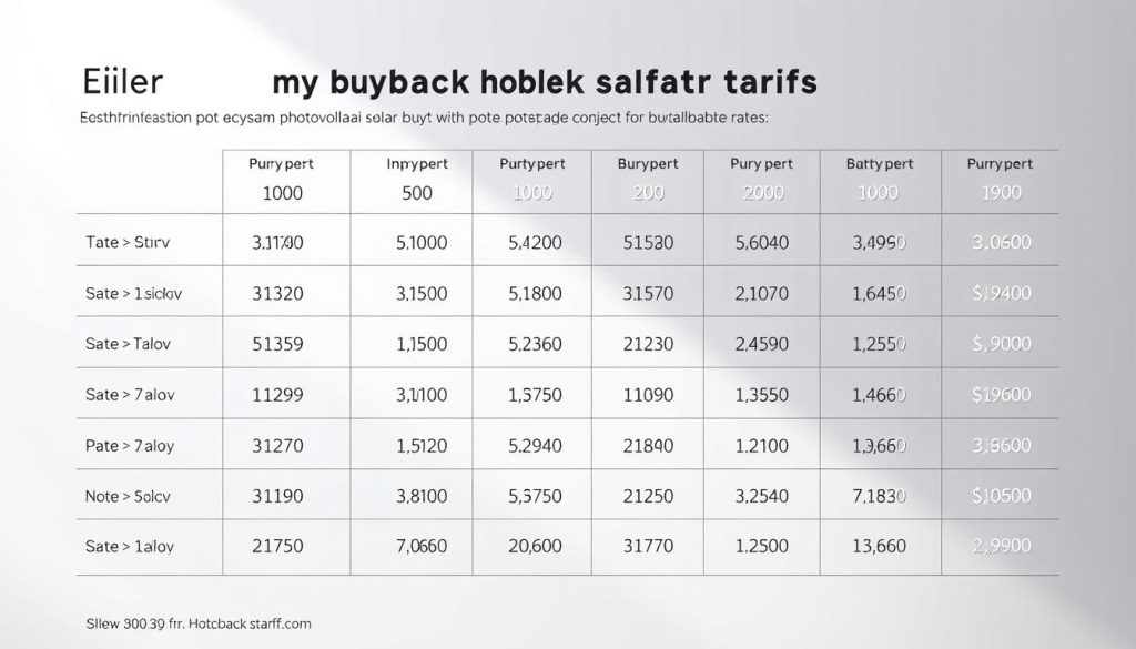 A high-resolution, photorealistic image of a chart or infographic displaying the various electricity buyback tariff rates for photovoltaic solar systems in a clean, minimalist style. The chart should have a sleek, modern aesthetic with clear and legible text and numerical data arranged in an organized, easy-to-understand layout. The background should be a neutral, muted color palette that complements the chart elements. Subtle lighting and shadow effects should be used to give the image a sense of depth and dimensionality. The overall mood should be professional, informative, and visually appealing.