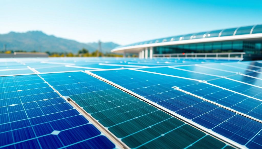 A high-tech solar panel array set against a clean, futuristic backdrop. In the foreground, sleek organic-shaped solar cells in vibrant hues of blue, green, and purple, their surfaces gently catching the light. In the middle ground, the panels are elegantly arrayed, their interconnected design suggesting efficiency and innovation. The background features a minimalist architectural landscape with gleaming glass and steel, hinting at the sustainable energy solutions of tomorrow. The overall scene conveys a sense of advanced technology, environmental harmony, and the vast potential of organic solar power.