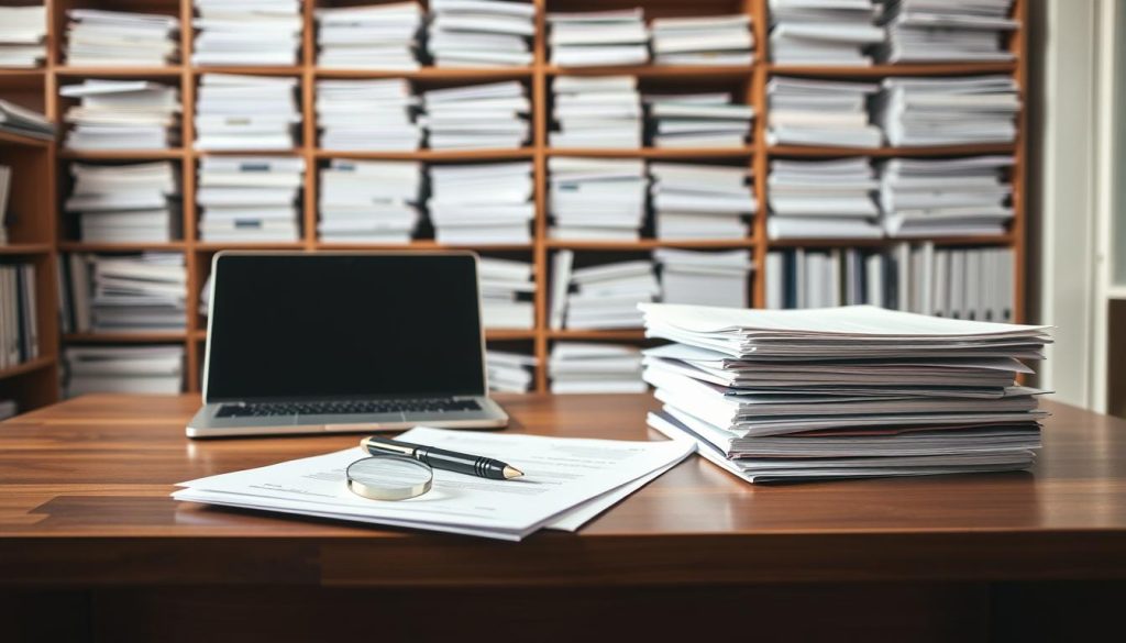A neatly organized workspace with a wooden desk, a laptop, and a stack of documents. On the desk, a pen and a magnifying glass are placed next to the documents, suggesting a careful review process. The lighting is soft and natural, creating a professional yet inviting atmosphere. In the background, shelves filled with binders and folders suggest an extensive archive of important paperwork. The overall scene conveys a sense of order, attention to detail, and the significance of thorough documentation and verification. A neatly organized workspace with a wooden desk, a laptop, and a stack of documents. On the desk, a pen and a magnifying glass are placed next to the documents, suggesting a careful review process. The lighting is soft and natural, creating a professional yet inviting atmosphere. In the background, shelves filled with binders and folders suggest an extensive archive of important paperwork. The overall scene conveys a sense of order, attention to detail, and the significance of thorough documentation and verification.