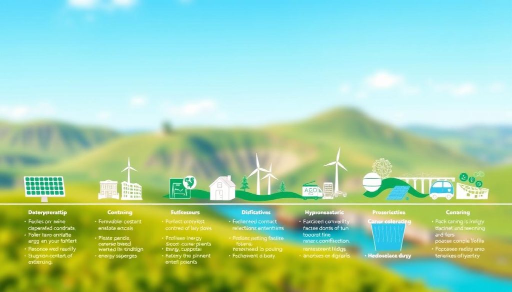 A vibrant and informative illustration depicting the different types of renewable energy contracts offered by Enedis. In the foreground, a clean and modern typographic layout showcases the contract categories in an easy-to-understand manner. The middle ground features detailed icons and graphical elements representing the various renewable energy sources, such as solar panels, wind turbines, and hydroelectric dams. The background showcases a softly blurred landscape of rolling hills and a clear blue sky, creating a sense of tranquility and sustainability. The overall composition is balanced, visually appealing, and effectively communicates the key information about the different Enedis renewable energy contract types.
