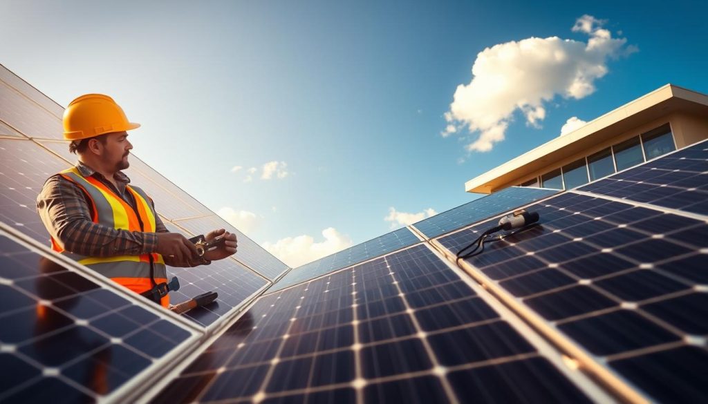 A well-maintained solar panel array set against a backdrop of a sunny, cloudless sky. The foreground features a technician in a safety vest and hard hat, meticulously inspecting the panels, tools in hand, ensuring optimal performance. The middle ground showcases the intricate wiring and monitoring systems, highlighting the complex infrastructure that enables efficient energy production. The background depicts the sleek, modern architecture of a municipal building, emphasizing the integration of renewable energy into the local community. Warm, golden lighting casts a sense of diligence and reliability, conveying the importance of ongoing maintenance for a successful photovoltaic deployment. A well-maintained solar panel array set against a backdrop of a sunny, cloudless sky. The foreground features a technician in a safety vest and hard hat, meticulously inspecting the panels, tools in hand, ensuring optimal performance. The middle ground showcases the intricate wiring and monitoring systems, highlighting the complex infrastructure that enables efficient energy production. The background depicts the sleek, modern architecture of a municipal building, emphasizing the integration of renewable energy into the local community. Warm, golden lighting casts a sense of diligence and reliability, conveying the importance of ongoing maintenance for a successful photovoltaic deployment.