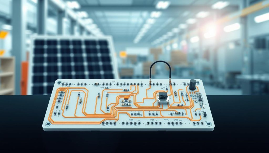 A detailed illustration of a direct current (DC) electrical circuit, showcasing its key components and functionality. The foreground features a clean, technical diagram of the circuit board, with precisely rendered copper traces, resistors, capacitors, and other electronic elements. The middle ground depicts the circuit's power source, such as a solar panel or battery, connected to the board through cables. The background offers a softly blurred industrial setting, hinting at the practical applications of this DC circuit. The lighting is cool-toned and evenly distributed, emphasizing the technical precision of the design. The overall composition conveys a sense of order, efficiency, and the importance of reliable DC power systems.