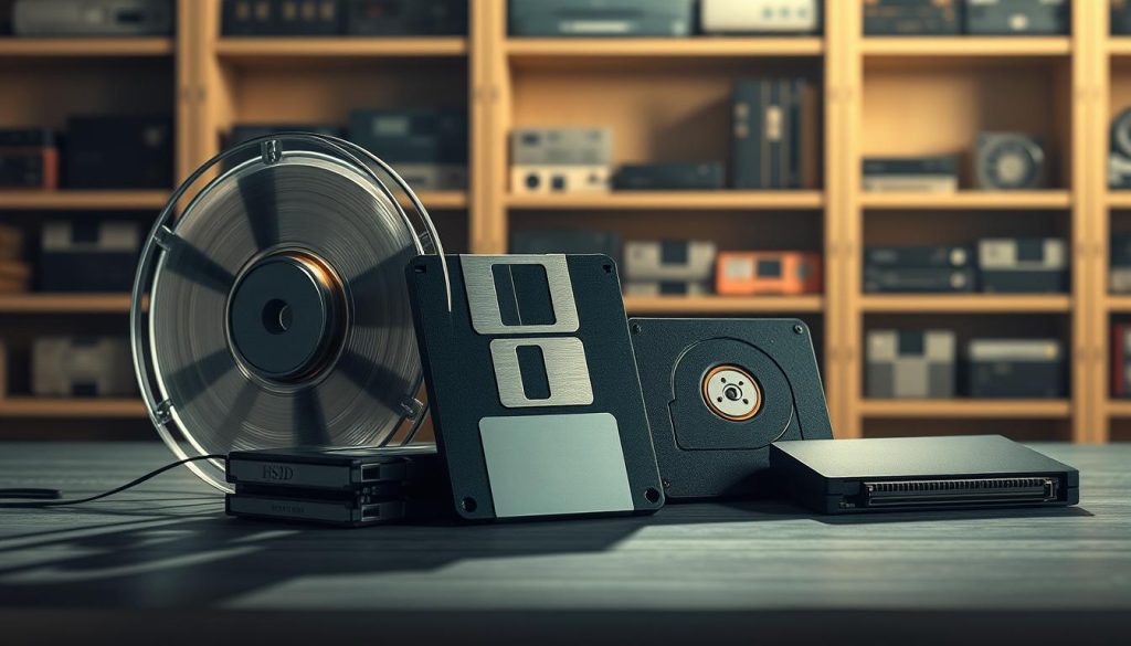 A digital still life depicting the longevity of data storage technologies. In the foreground, an arrangement of various storage media - a magnetic tape reel, a stack of floppy disks, a HDD, and a modern SSD. The objects are lit from the side, casting long shadows that seem to stretch across the frame, symbolizing the passage of time. The middle ground features a blurred backdrop of shelves filled with more storage devices, suggesting the vastness of technological evolution. The overall scene has a muted, vintage color palette, evoking a sense of history and permanence. The lighting is soft and atmospheric, creating a contemplative, almost reverent mood around the display of these aging, yet crucial, data storage solutions. A digital still life depicting the longevity of data storage technologies. In the foreground, an arrangement of various storage media - a magnetic tape reel, a stack of floppy disks, a HDD, and a modern SSD. The objects are lit from the side, casting long shadows that seem to stretch across the frame, symbolizing the passage of time. The middle ground features a blurred backdrop of shelves filled with more storage devices, suggesting the vastness of technological evolution. The overall scene has a muted, vintage color palette, evoking a sense of history and permanence. The lighting is soft and atmospheric, creating a contemplative, almost reverent mood around the display of these aging, yet crucial, data storage solutions.