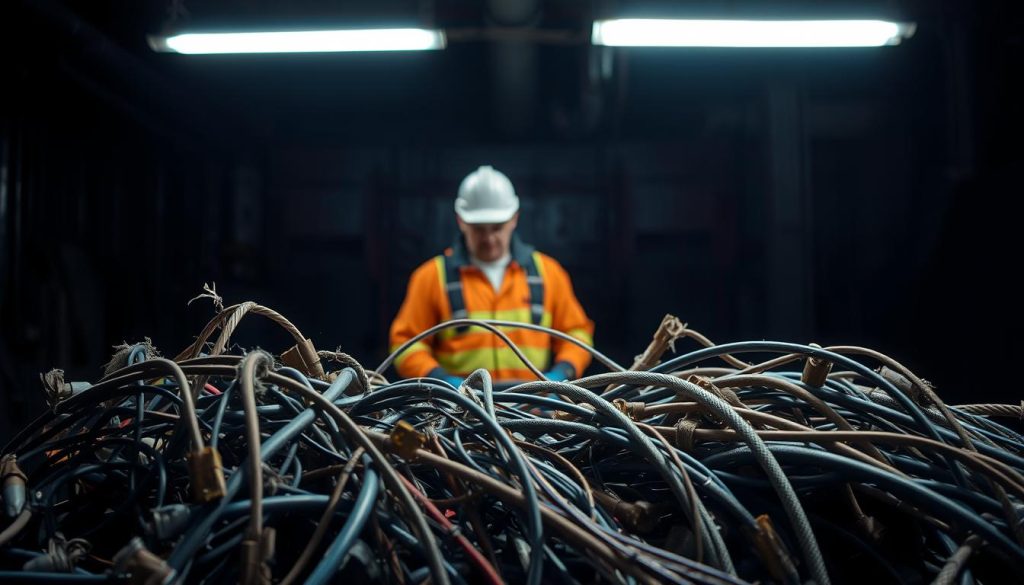 A dimly lit industrial setting, with a tangled mess of non-compliant electrical cables strewn across the foreground. The cables are frayed, damaged, and pose a clear safety hazard. In the middle ground, a worker, clad in protective gear, examines the cables with a concerned expression. The background features a backdrop of ominous shadows, hinting at the potential dangers of using substandard equipment. The scene is lit by a harsh, overhead fluorescent light, casting stark shadows and emphasizing the risks associated with non-conforming cables. The overall atmosphere conveys a sense of unease and the urgent need for proper cable maintenance and safety protocols.