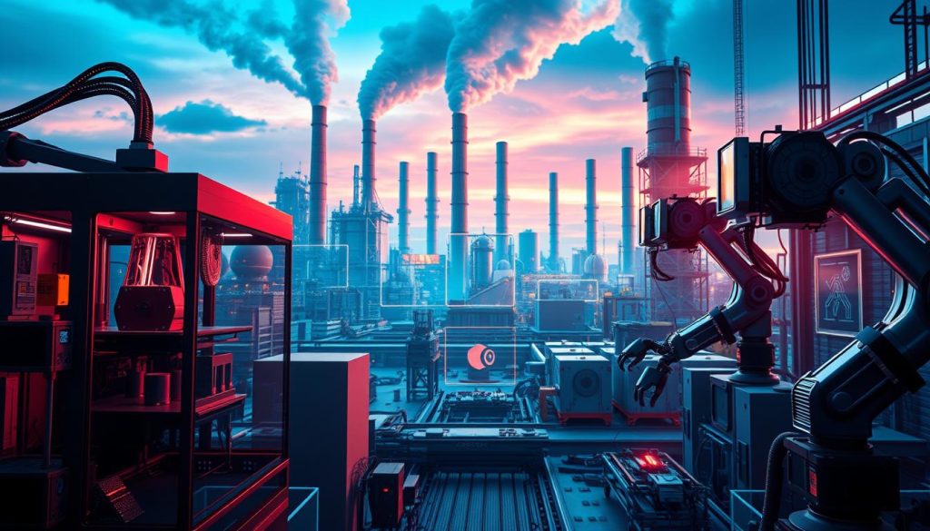 A high-tech industrial landscape, bathed in vibrant hues and dynamic lighting. In the foreground, a sleek 3D printer extrudes futuristic materials, while robotic arms assemble cutting-edge components. The middle ground features an array of holographic displays, their translucent interfaces showcasing innovative product designs. In the background, towering factories with gleaming metallic facades and towering smokestacks symbolize the power of modern manufacturing. The scene conveys a sense of progress, efficiency, and the boundless potential of technology-driven production. Crisp, high-resolution details, cinematic depth of field, and a palette of blues, reds, and golds create a visually striking and immersive image. A high-tech industrial landscape, bathed in vibrant hues and dynamic lighting. In the foreground, a sleek 3D printer extrudes futuristic materials, while robotic arms assemble cutting-edge components. The middle ground features an array of holographic displays, their translucent interfaces showcasing innovative product designs. In the background, towering factories with gleaming metallic facades and towering smokestacks symbolize the power of modern manufacturing. The scene conveys a sense of progress, efficiency, and the boundless potential of technology-driven production. Crisp, high-resolution details, cinematic depth of field, and a palette of blues, reds, and golds create a visually striking and immersive image.