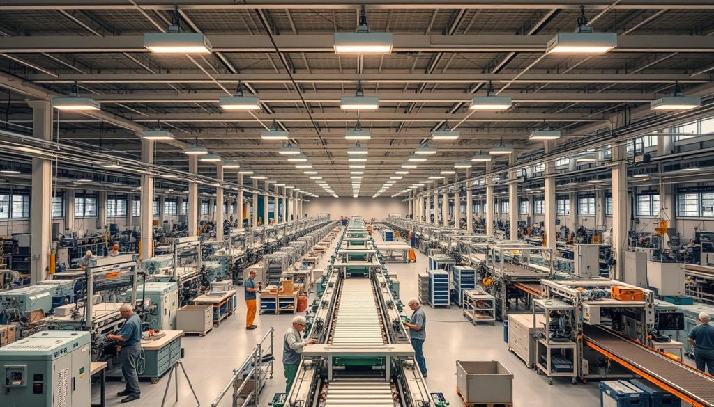 A large, modern factory floor with rows of gleaming machinery and conveyor belts. The lighting is bright and even, with industrial-style overhead lamps casting a warm glow. In the foreground, workers in protective gear operate the machines, carefully monitoring the production process. The middle ground features neatly organized workstations and storage areas, while the background showcases the scale of the facility with high ceilings and expansive windows. The overall atmosphere conveys a sense of efficiency, automation, and on-demand production, reflecting the concept of "mise en œuvre production à la demande". A large, modern factory floor with rows of gleaming machinery and conveyor belts. The lighting is bright and even, with industrial-style overhead lamps casting a warm glow. In the foreground, workers in protective gear operate the machines, carefully monitoring the production process. The middle ground features neatly organized workstations and storage areas, while the background showcases the scale of the facility with high ceilings and expansive windows. The overall atmosphere conveys a sense of efficiency, automation, and on-demand production, reflecting the concept of "mise en œuvre production à la demande".