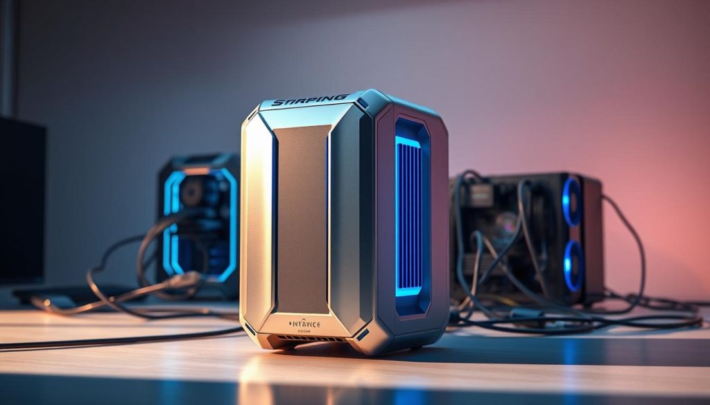 A vibrant, high-resolution image of a futuristic data storage device, featuring a sleek, metallic casing with glowing blue accents. The device is positioned prominently in the foreground, bathed in a soft, directional light that casts subtle shadows, emphasizing its clean, modern design. In the middle ground, various computer components and cables are neatly arranged, creating a sense of technological integration. The background is a minimalist, industrial-inspired setting, with a subtle gradient that adds depth and a sense of scale. The overall mood is one of innovation, efficiency, and the constant evolution of digital storage capabilities. A vibrant, high-resolution image of a futuristic data storage device, featuring a sleek, metallic casing with glowing blue accents. The device is positioned prominently in the foreground, bathed in a soft, directional light that casts subtle shadows, emphasizing its clean, modern design. In the middle ground, various computer components and cables are neatly arranged, creating a sense of technological integration. The background is a minimalist, industrial-inspired setting, with a subtle gradient that adds depth and a sense of scale. The overall mood is one of innovation, efficiency, and the constant evolution of digital storage capabilities.