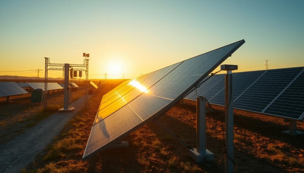 A dynamic photovoltaic curtailment scenario, captured through a wide-angle lens in a warm, golden-hour lighting. In the foreground, a modern solar array stands prominently, its panels adjusting in real-time to optimize energy output. In the middle ground, a network of control systems and monitoring devices communicate the system's status. The background depicts a serene, sun-drenched landscape, hinting at the renewable energy's integration with the natural environment. The overall scene conveys the technical sophistication and practical benefits of dynamic photovoltaic curtailment.