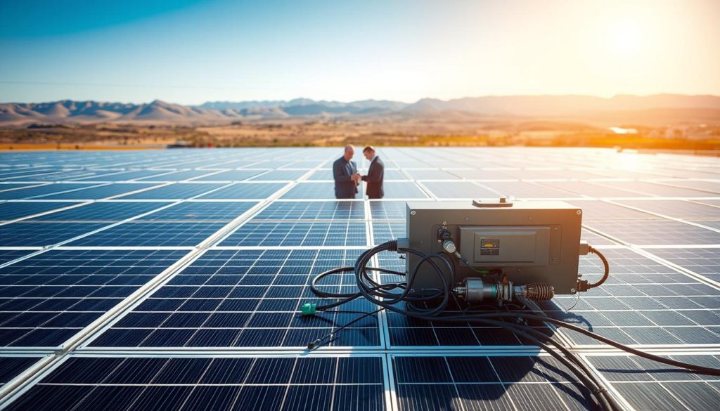 A large photovoltaic solar panel installation with a dynamic braking system prominently featured in the foreground. The panels are arranged in a neat, organized grid, with a complex array of cables, sensors, and actuators visible on the surface. In the middle ground, a group of technicians are shown adjusting the system, their faces partially obscured by the bright sunlight. The background features a vast, rolling landscape with distant mountains, creating a sense of scale and environmental context. The image conveys a sense of technical sophistication, environmental responsibility, and attention to detail in the implementation of the dynamic braking system.