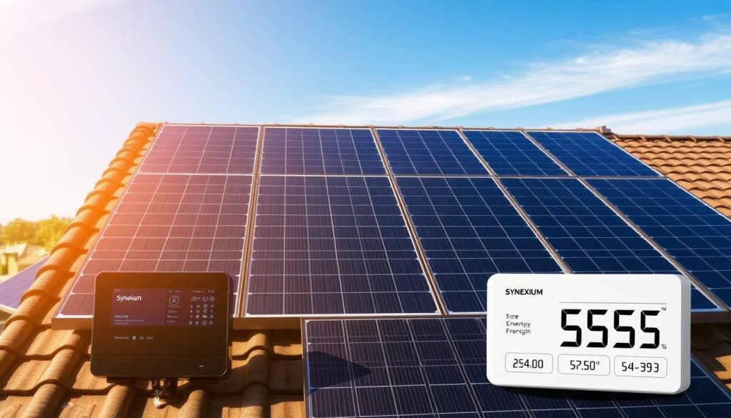 A neatly arranged solar panel array sits on a rooftop, bathed in warm golden sunlight. The panels glisten, their sleek black surfaces reflecting the blue sky above. In the foreground, a digital display shows real-time energy production and cost savings, highlighting the financial benefits of this renewable energy system. The background features a serene suburban landscape, emphasizing the harmonious integration of sustainable technology within a residential setting. The overall scene conveys a sense of environmental responsibility and prudent investment, perfectly capturing the advantages of the Synexium system.