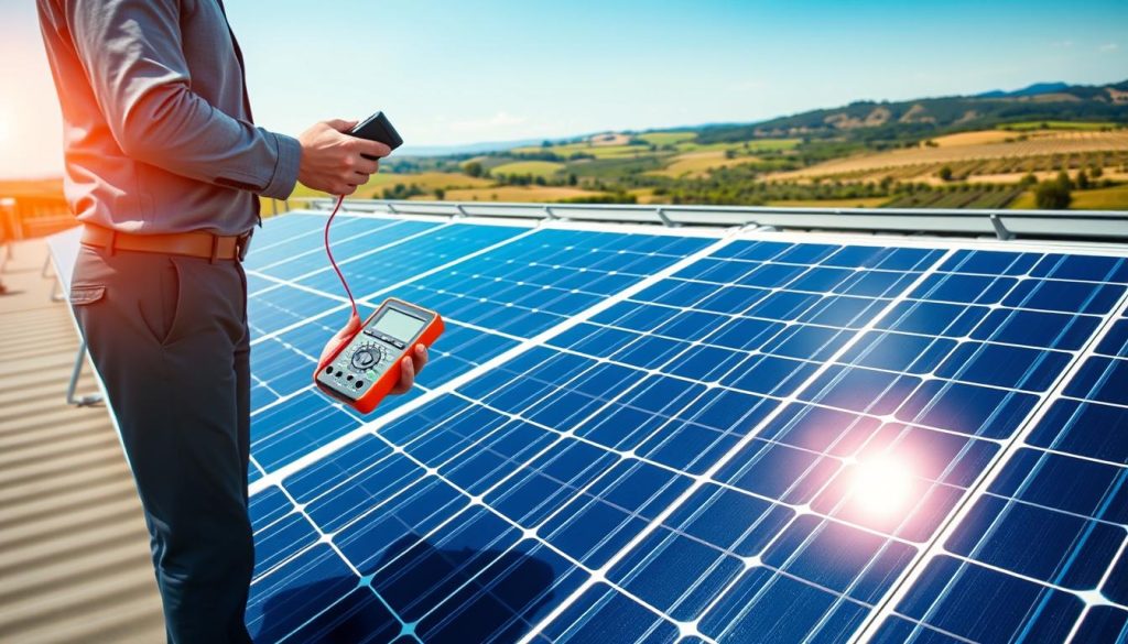 A close-up view of high-quality photovoltaic solar panels installed on a modern rooftop, showcasing vibrant blue and black panels gleaming in the sunlight. In the foreground, include a professional technician, dressed in business attire, carefully inspecting the equipment with a digital multimeter, emphasizing a focus on quality. The middle ground features neatly arranged solar panels, reflecting the clear blue sky, under a bright and warm natural light that highlights their effectiveness. In the background, a picturesque landscape of the Gironde countryside, with rolling hills and distant vineyards, enhances the setting. The scene conveys a sense of professionalism, reliability, and innovation, embodying the criteria of equipment quality in the solar industry.