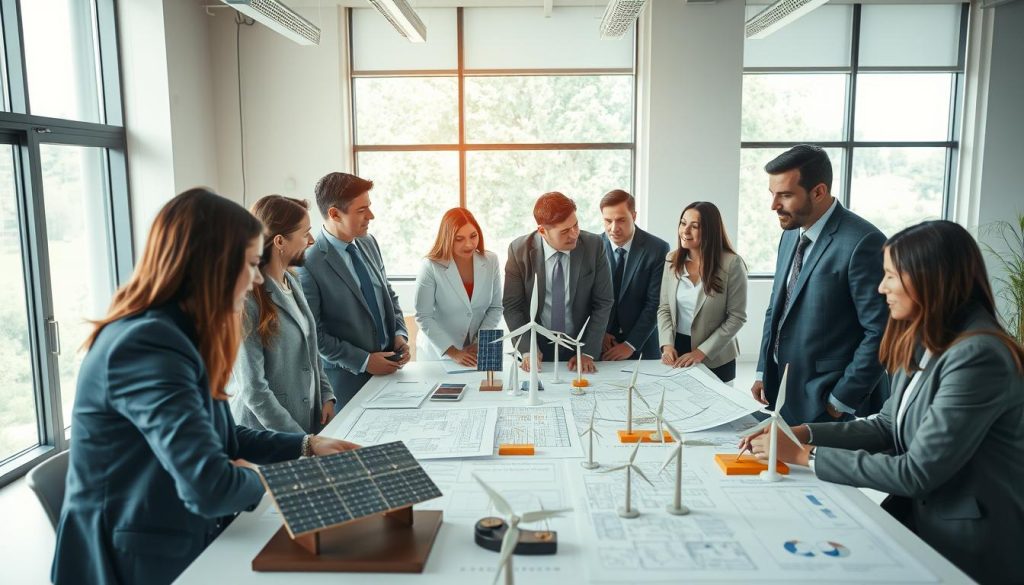 A collaborative workspace showcasing a diverse group of professionals in smart business attire, engaged in discussions about renewable energy installations. In the foreground, a diverse team of engineers and consultants is gathered around a large table filled with blueprints and technical diagrams, indicating a partnership in renewable energy solutions. In the middle ground, there are models of solar panels, wind turbines, and other renewable technology prominently displayed. The background features large windows letting in natural light, creating a bright, positive atmosphere. The setting conveys innovation and teamwork, with a modern office design emphasizing eco-friendly materials. Utilize soft, natural lighting for a warm effect, and capture the scene from a slight high angle to showcase the interactions among the professionals. A collaborative workspace showcasing a diverse group of professionals in smart business attire, engaged in discussions about renewable energy installations. In the foreground, a diverse team of engineers and consultants is gathered around a large table filled with blueprints and technical diagrams, indicating a partnership in renewable energy solutions. In the middle ground, there are models of solar panels, wind turbines, and other renewable technology prominently displayed. The background features large windows letting in natural light, creating a bright, positive atmosphere. The setting conveys innovation and teamwork, with a modern office design emphasizing eco-friendly materials. Utilize soft, natural lighting for a warm effect, and capture the scene from a slight high angle to showcase the interactions among the professionals.
