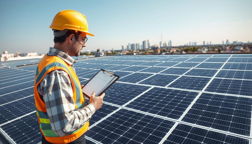 A detailed image of a residential rooftop installation of solar panels, prominently featuring a 200 m² area covered in sleek, black photovoltaic modules. In the foreground, a professional wearing a hard hat and safety gear inspects the installation, holding a clipboard to symbolize investment assessments. The middle ground showcases the solar panels arrayed in a grid pattern under soft, even daylight, highlighting their reflective surfaces. In the background, a clear blue sky contrasts with a distant skyline of modern buildings to represent urban settings. The lighting is bright yet natural, creating a hopeful and sustainable atmosphere. The angle captures a slight bird's-eye view, emphasizing the scale and importance of solar energy investment. A detailed image of a residential rooftop installation of solar panels, prominently featuring a 200 m² area covered in sleek, black photovoltaic modules. In the foreground, a professional wearing a hard hat and safety gear inspects the installation, holding a clipboard to symbolize investment assessments. The middle ground showcases the solar panels arrayed in a grid pattern under soft, even daylight, highlighting their reflective surfaces. In the background, a clear blue sky contrasts with a distant skyline of modern buildings to represent urban settings. The lighting is bright yet natural, creating a hopeful and sustainable atmosphere. The angle captures a slight bird's-eye view, emphasizing the scale and importance of solar energy investment.