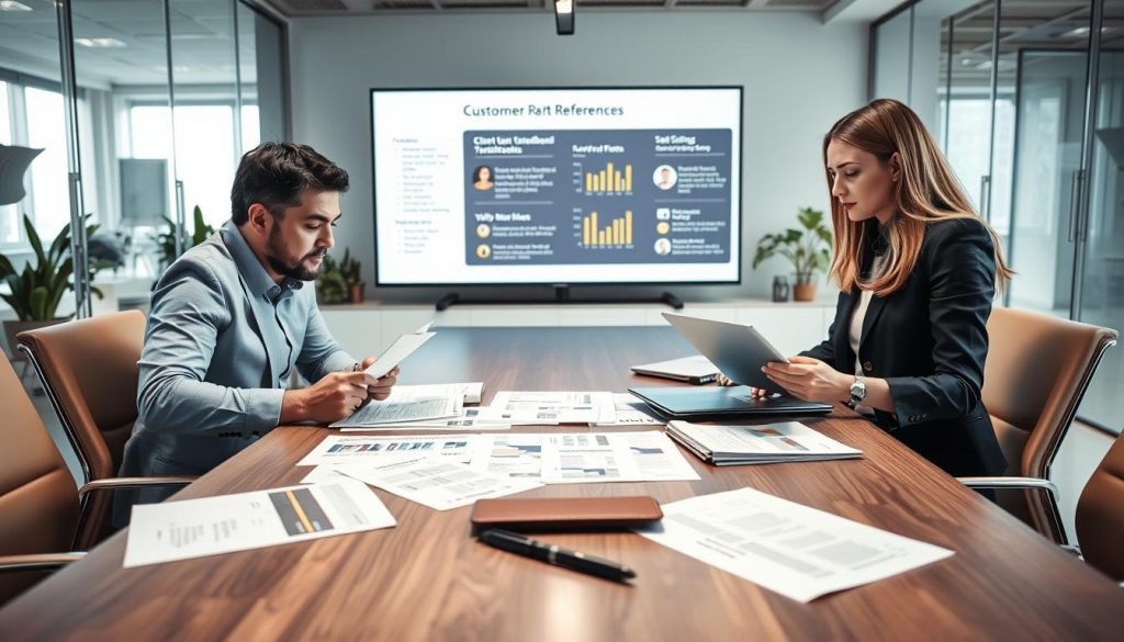 A professional business meeting scene focusing on verifying customer references. In the foreground, two business professionals, a man and a woman, are reviewing documents and laptops, dressed in smart attire, displaying focus and determination. In the middle, a modern conference table is scattered with papers containing charts and client feedback, accompanied by a notepad and a business pen. In the background, a large screen shows a presentation about client testimonials and satisfaction metrics, with a stylish office setting featuring glass walls and plants. The lighting is bright yet soft, creating an engaging atmosphere. The angle captures the intensity of the verification process, emphasizing collaboration and professionalism. The mood exudes trust and diligence in ensuring credible references. A professional business meeting scene focusing on verifying customer references. In the foreground, two business professionals, a man and a woman, are reviewing documents and laptops, dressed in smart attire, displaying focus and determination. In the middle, a modern conference table is scattered with papers containing charts and client feedback, accompanied by a notepad and a business pen. In the background, a large screen shows a presentation about client testimonials and satisfaction metrics, with a stylish office setting featuring glass walls and plants. The lighting is bright yet soft, creating an engaging atmosphere. The angle captures the intensity of the verification process, emphasizing collaboration and professionalism. The mood exudes trust and diligence in ensuring credible references.