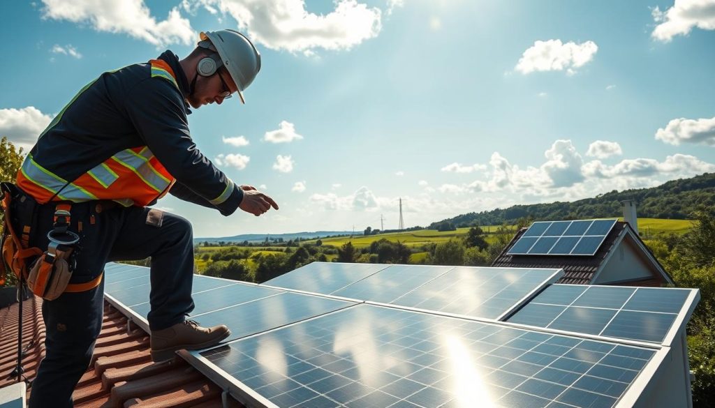 A well-lit outdoor scene depicting a professional photovoltaic installation in a picturesque setting in Gironde, France. In the foreground, a technician in a professional work outfit is carefully positioning solar panels on a sloped roof, showing focus and expertise. The middle ground features several sleek solar panels reflecting sunlight, arranged neatly on a modern home. The background includes the lush greenery of the Gironde countryside under a bright blue sky with soft, fluffy clouds, enhancing the serene atmosphere. The scene is captured from a slightly elevated angle to provide a comprehensive view of the installation process and the environment. The mood is optimistic and forward-thinking, symbolizing renewable energy and sustainability.