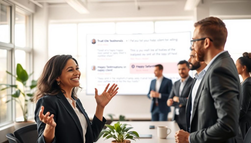 A bright, modern office setting filled with natural light, showcasing a group of diverse, professionally dressed individuals engaged in a positive discussion. In the foreground, a smiling woman gestures enthusiastically as she shares her experience, while two men nod in agreement, their expressions reflecting satisfaction and trust. In the middle ground, a large screen displays a montage of happy client testimonials with three distinct positive keywords highlighted: "Trust," "Satisfaction," and "Reliability." The background reveals a sleek desk with a plant and a coffee cup, enhancing the collaborative atmosphere. Soft, diffused lighting creates a warm, inviting ambiance, capturing the essence of positive client feedback and community engagement. The composition aims to evoke a feeling of genuine connection and trust between clients and the company.