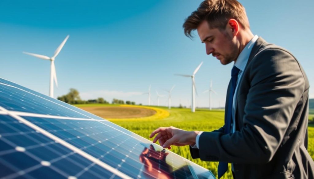 A bustling renewable energy intervention zone in the Hauts-de-France region, showcasing a variety of clean energy technologies. In the foreground, a professional technician in business attire is inspecting a solar panel installation, with vibrant green fields and modern wind turbines seen in the middle ground, symbolizing sustainability. The background features a clear blue sky, enhancing the sense of optimism and innovation. Soft, natural lighting illuminates the scene, providing an inviting atmosphere. The angle captures a slightly elevated perspective, emphasizing both the technological advancements and the surroundings. This vibrant, eco-friendly environment should evoke a sense of reliability and progress in renewable energy.